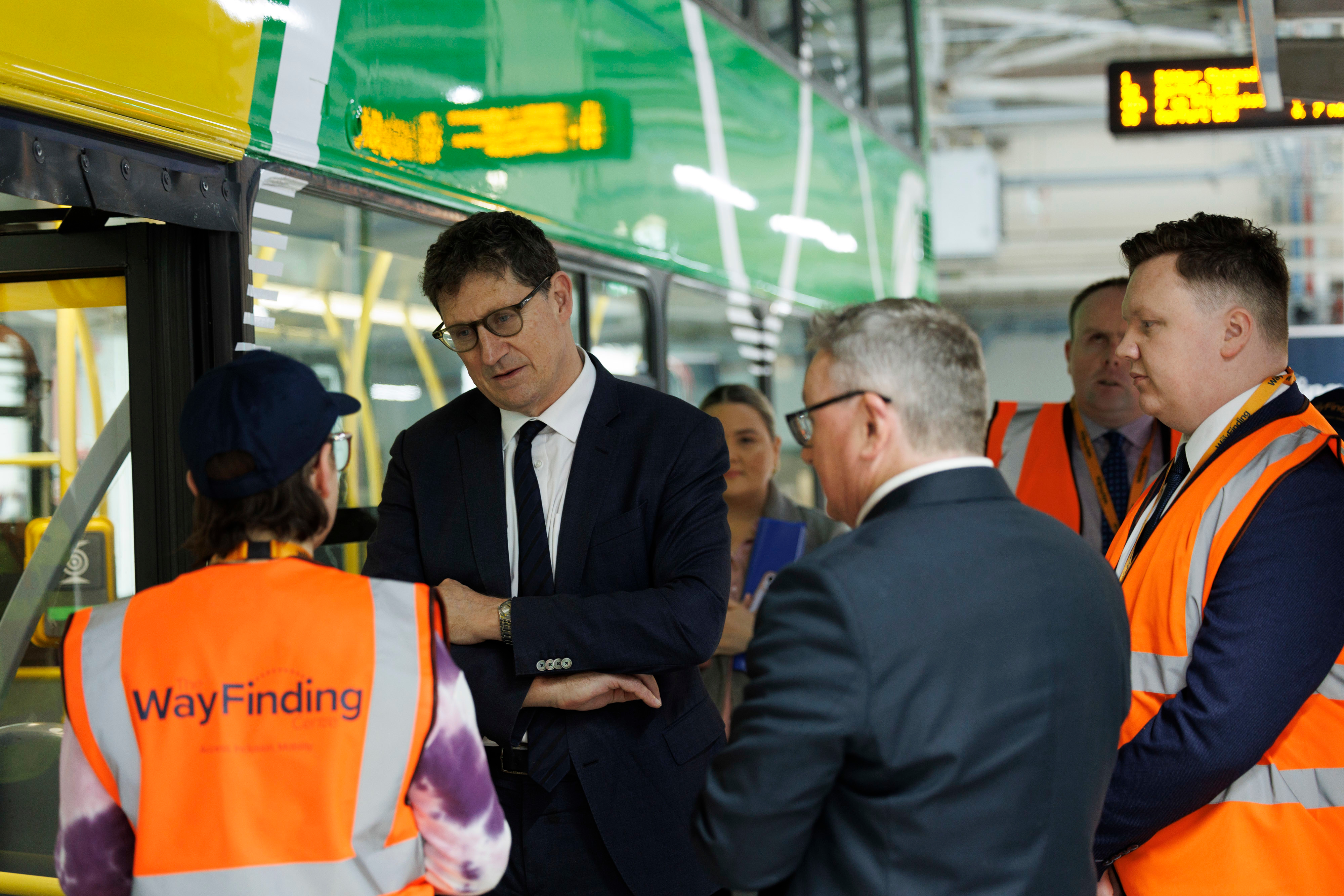 Minister Eamon Ryan previews the Go-Ahead Ireland double decker bus at the Vision Ireland Wayfinding Centre 